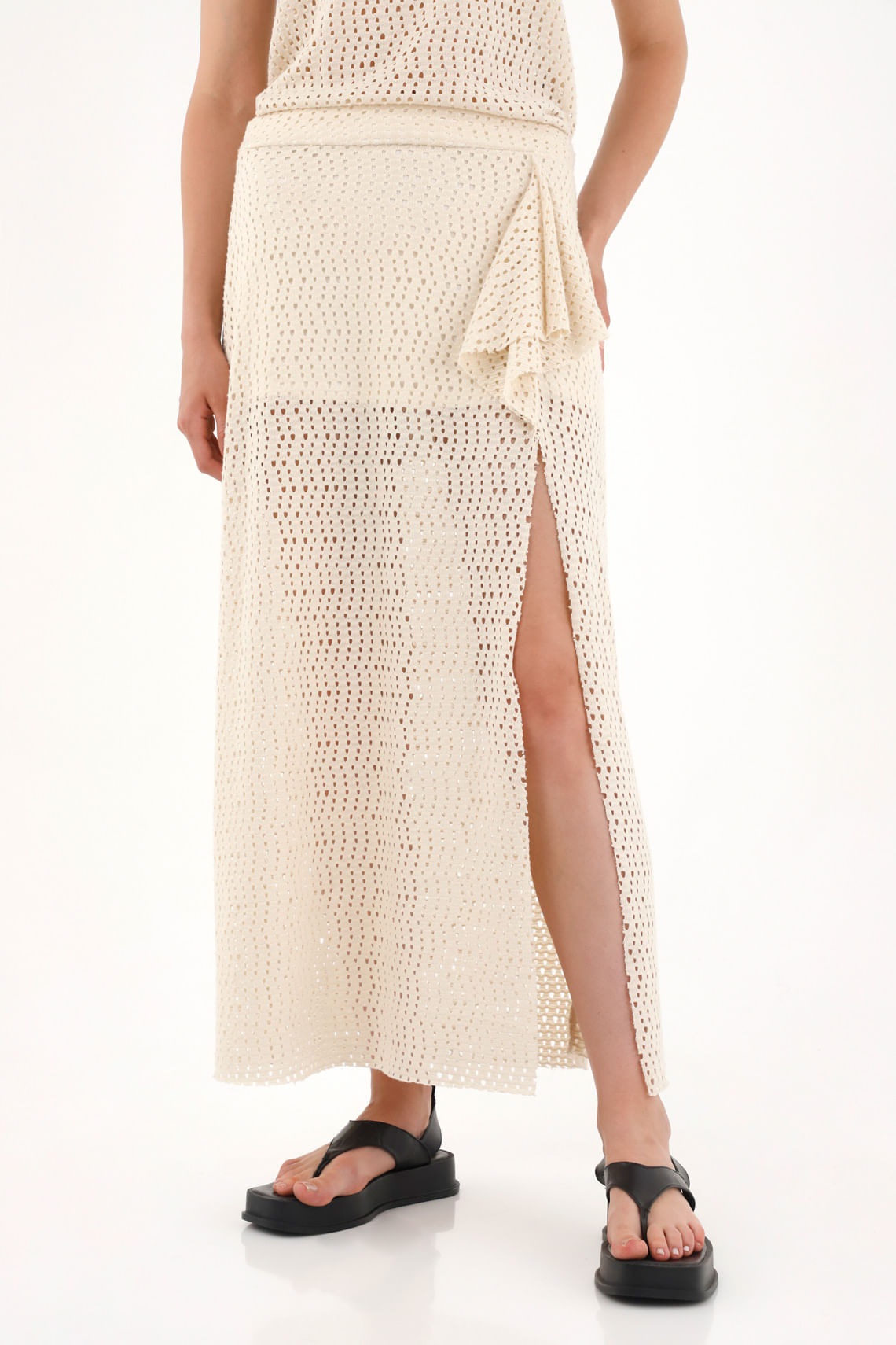 Falda larga en tela tipo malla crudo para mujer