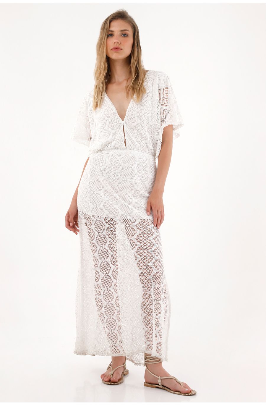 Vestido largo crudo con escote en V para mujer