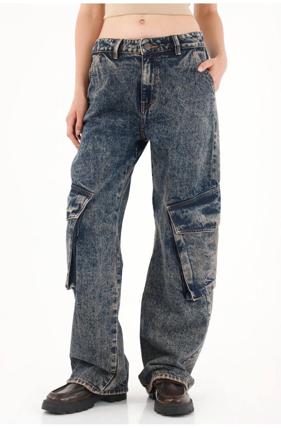 Jean Wide Leg tiro bajo cargo para mujer