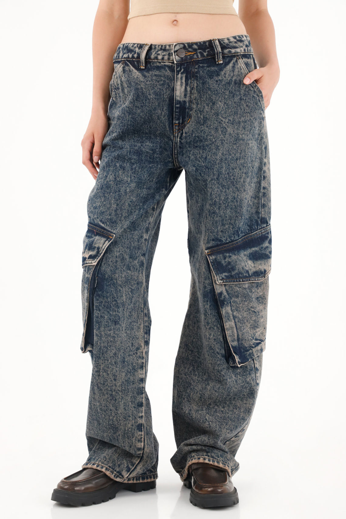 Jean Wide Leg tiro bajo cargo para mujer