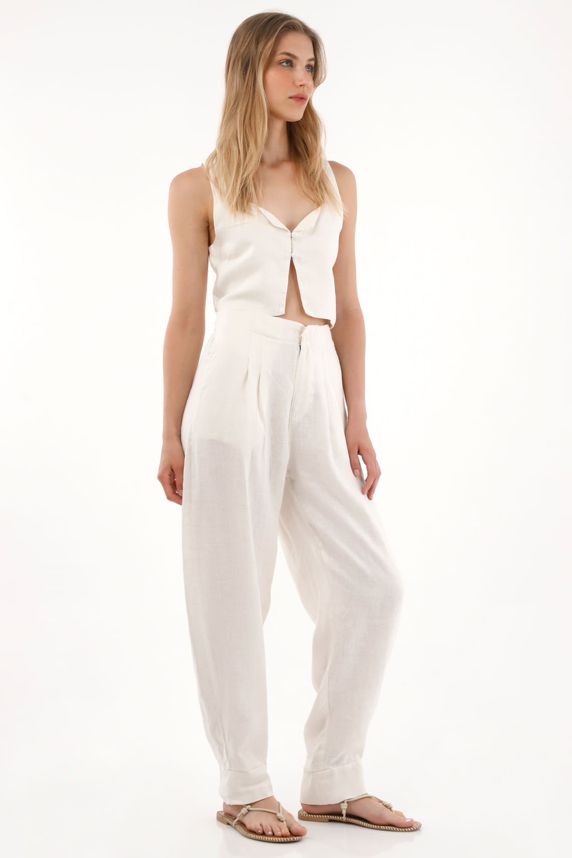 Pantalón chino en 100% lino crudo para mujer