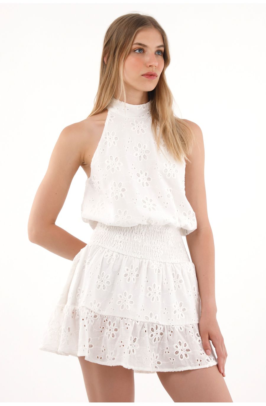 Vestido corto de cuello halter con bolero crudo para mujer