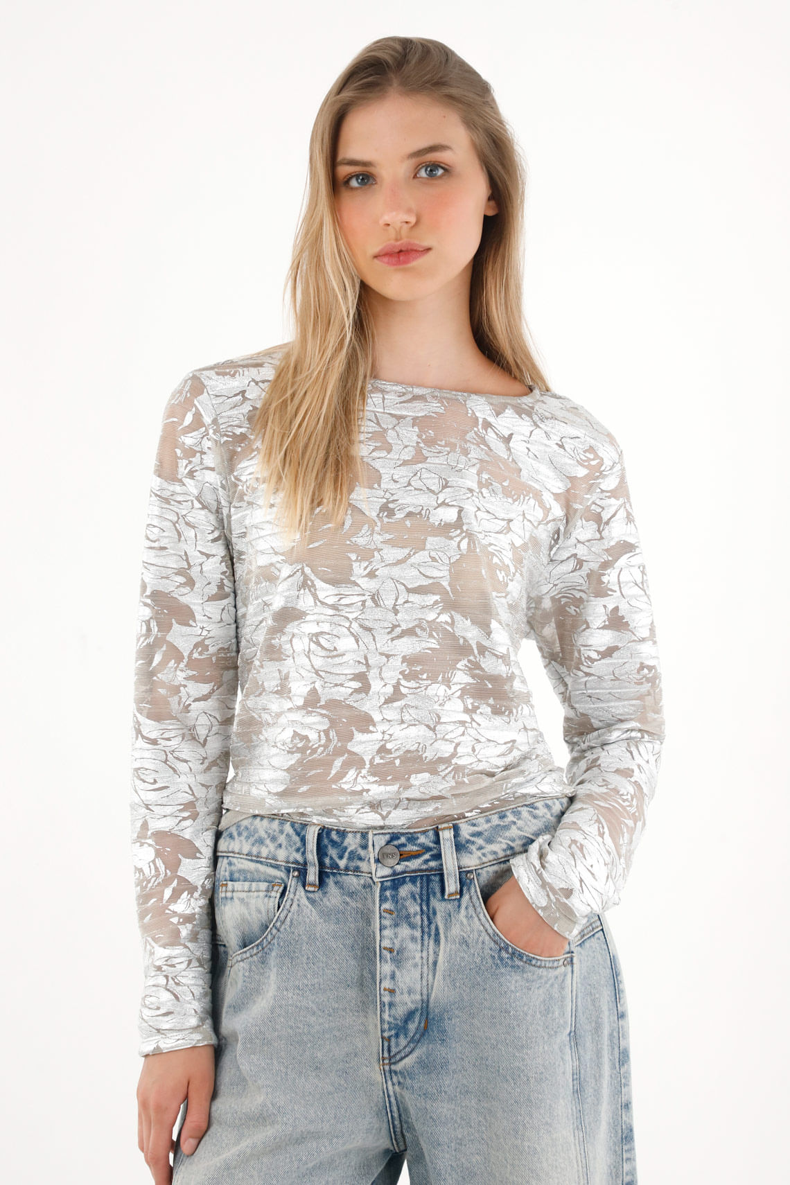 Camiseta con efecto metalizado manga larga para mujer