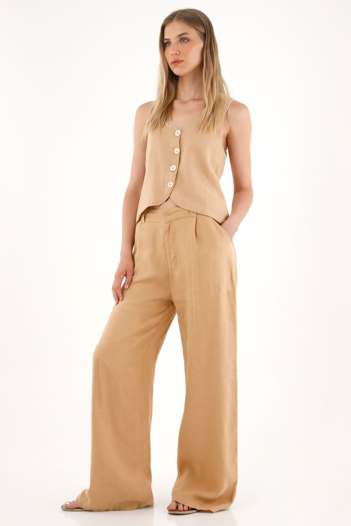 Pantalón Wide leg de tiro alto en 100% lino café para mujer