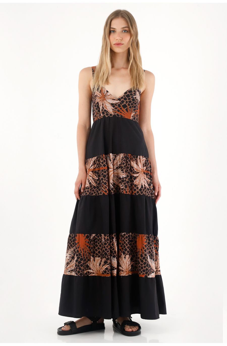 Vestido largo de franjas estampadas negro para mujer