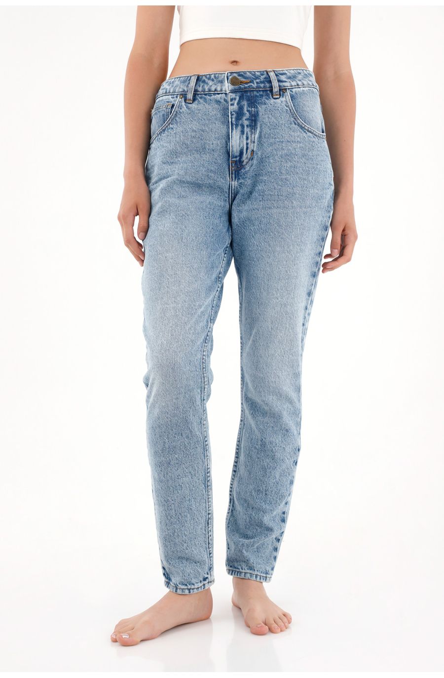 Jean Mom de tiro alto tono medio para mujer