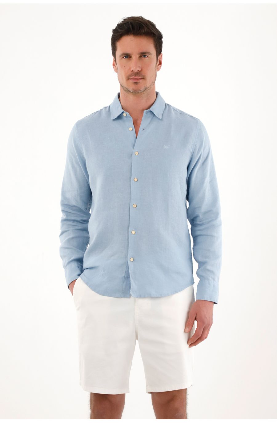 Camisa en 100% lino de manga larga azul para hombre