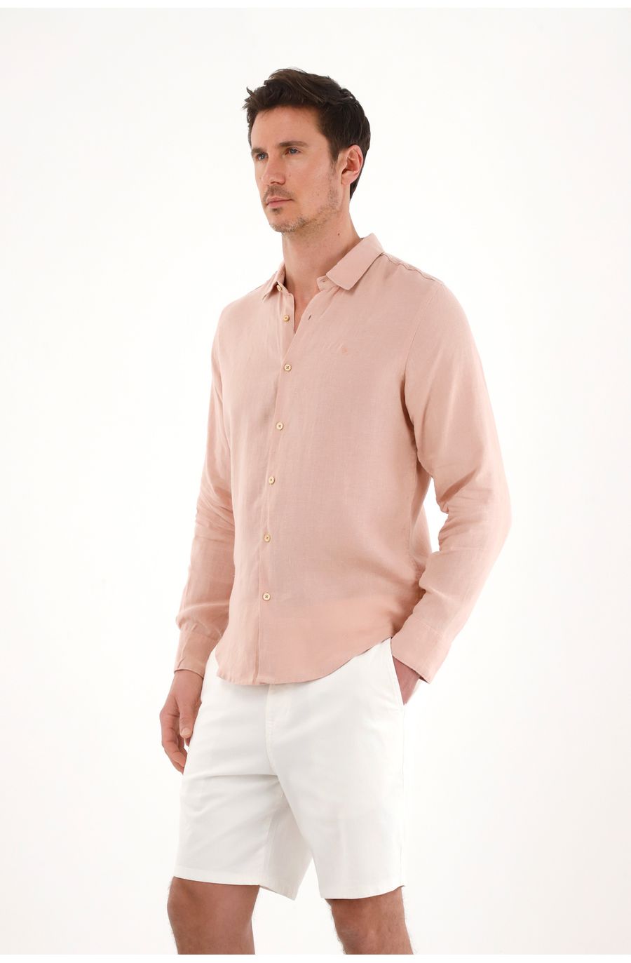 Camisa en 100% lino con bordado rosada para hombre