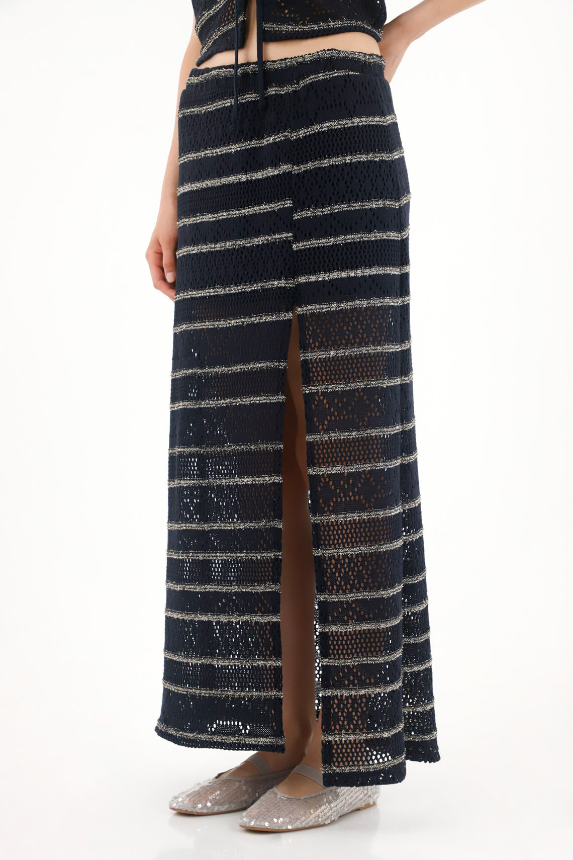 Falda larga tejida con diseño a rayas para mujer