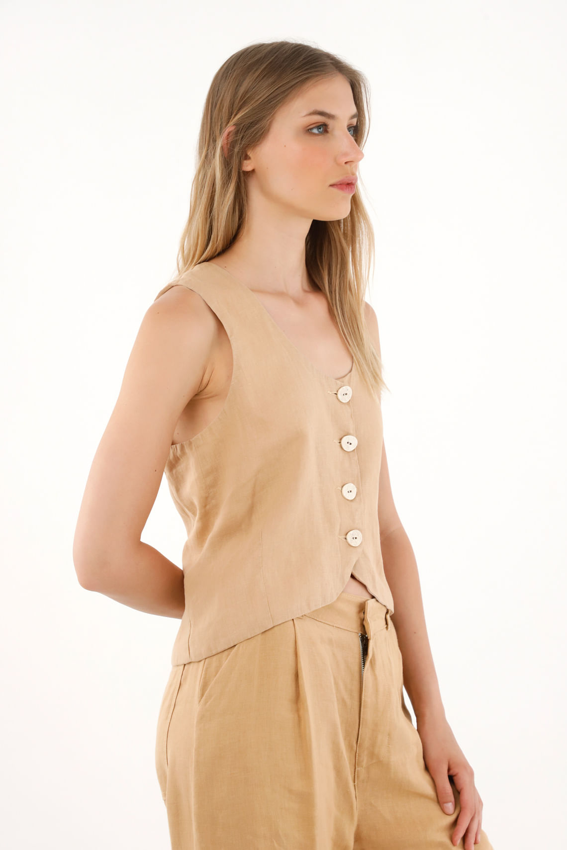 Chaleco en 100% lino café para mujer