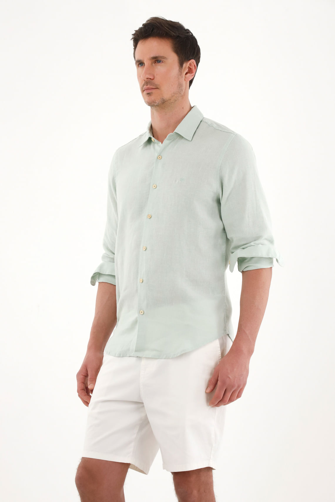 Camisa en 100% lino con bordado verde para hombre