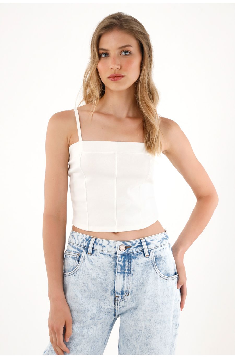 Crop con escote recto en rib para mujer
