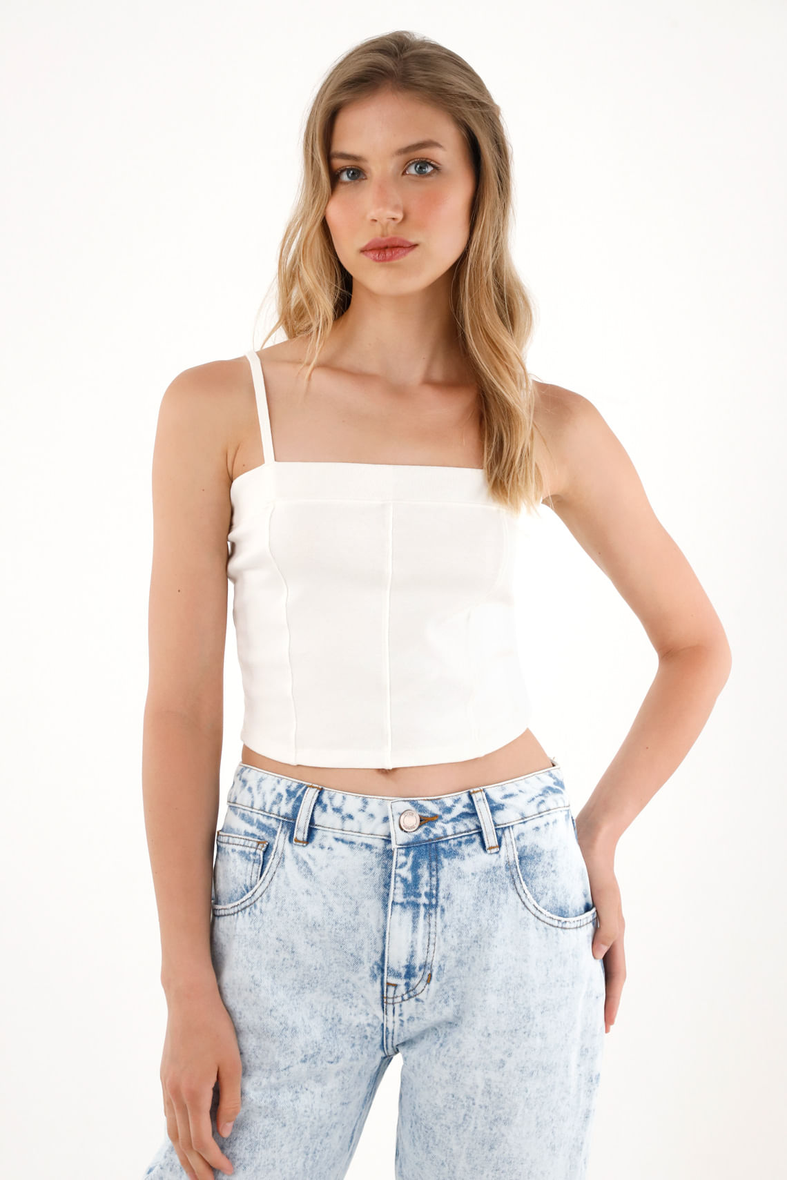 Crop con escote recto en rib para mujer