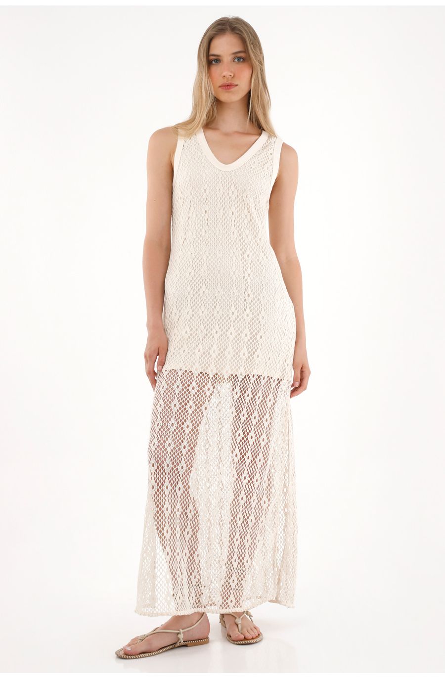 Vestido largo en tejido de croché crudo para mujer