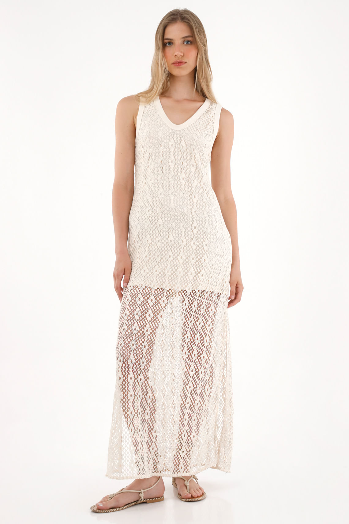 Vestido largo en tejido de croché crudo para mujer