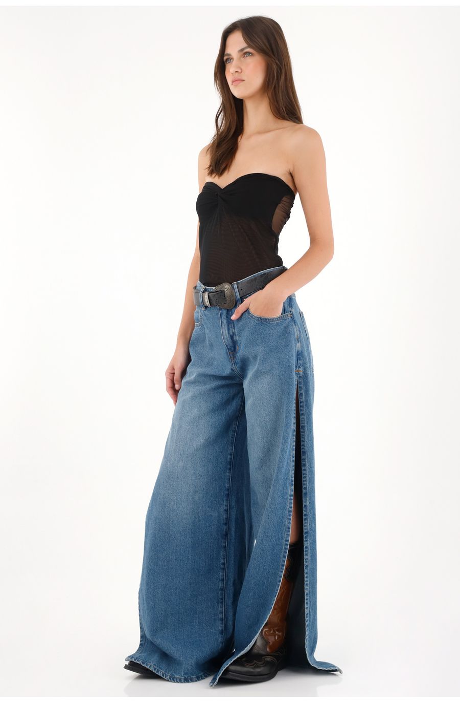 Jean Wide Leg de tiro medio con aberturas laterales para mujer