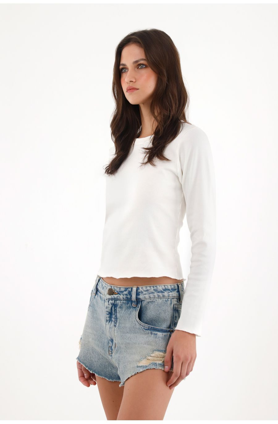 Camiseta manga larga ajustada crudo para mujer