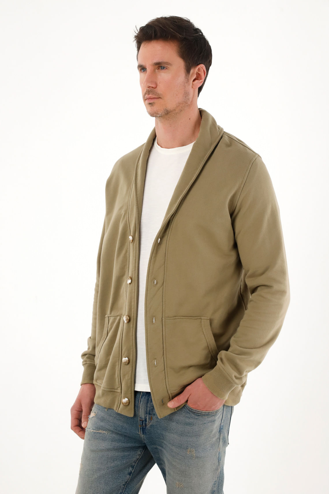 Buzo de cuello con solapa verde para hombre