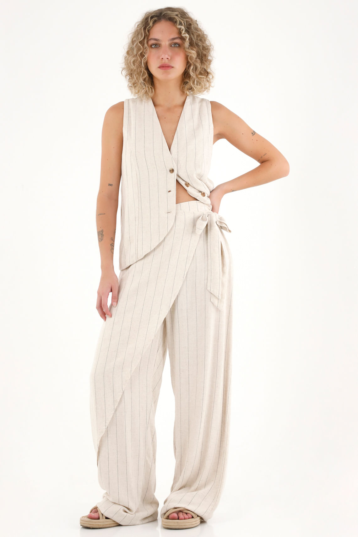 Pantalón tejido a rayas crudo para mujer