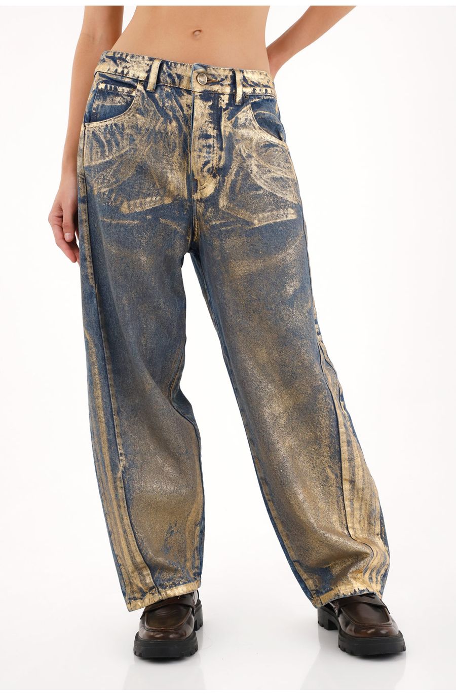 Jean Horseshoe de tiro bajo con foil dorado para mujer