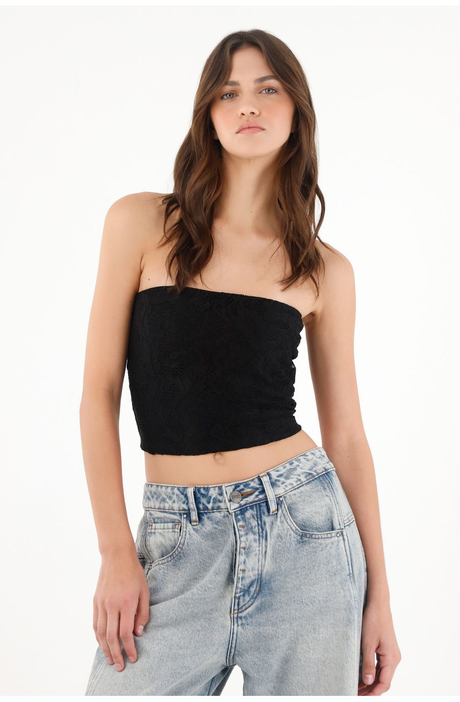 Crop strapless en encaje negro para mujer