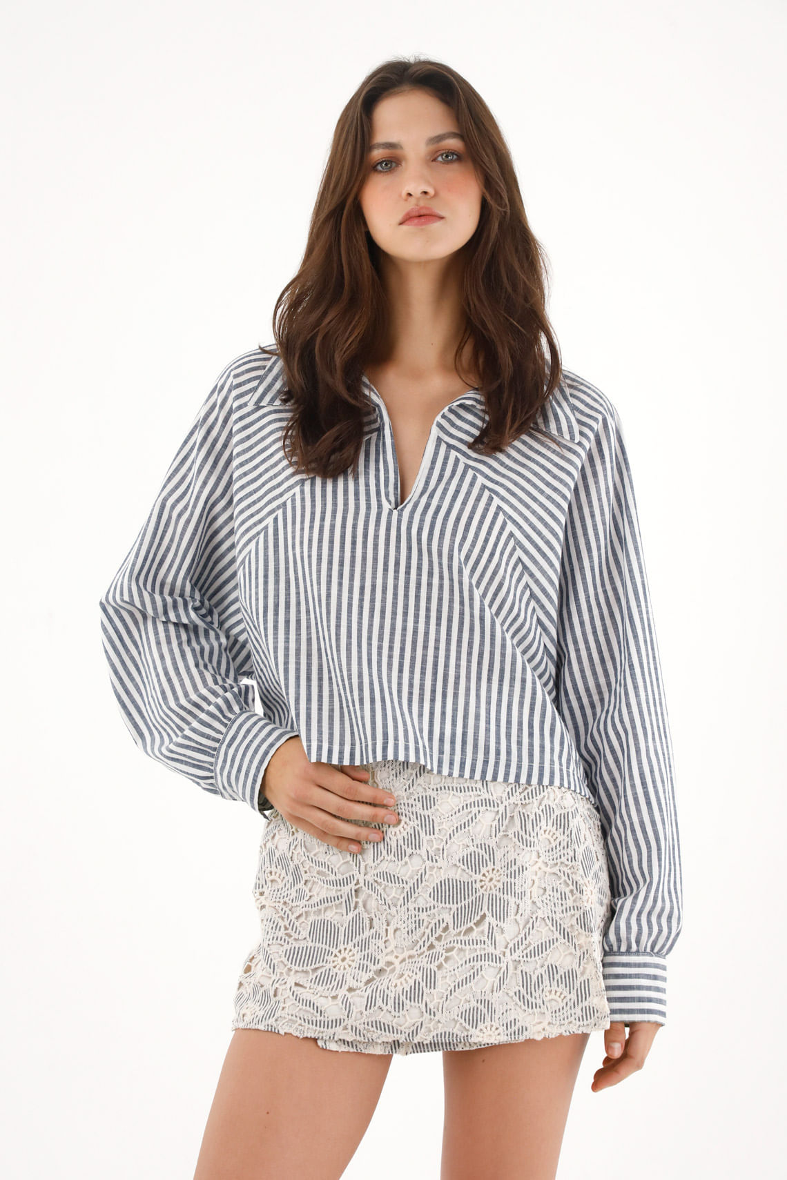 Camisa manga larga en popelina a rayas para mujer