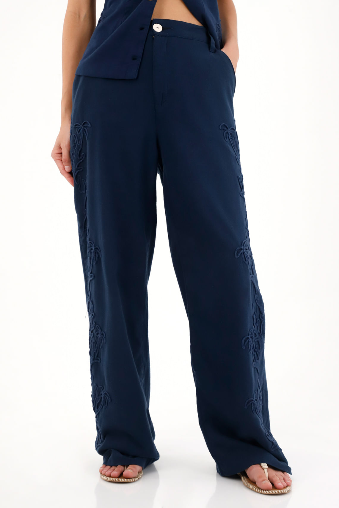 Pantalón Recto con detalles bordados azul para mujer