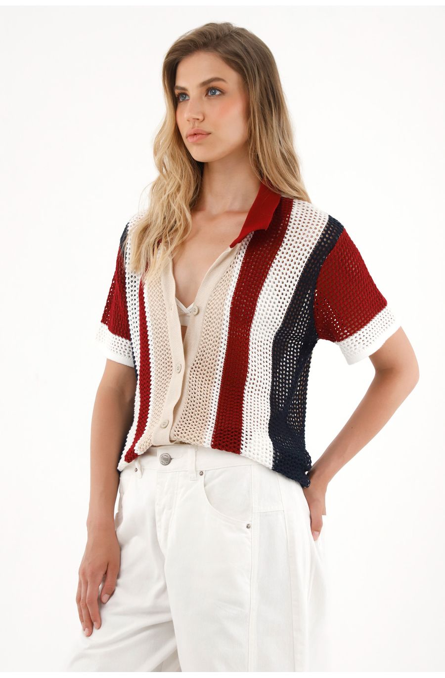 Camisa tejida con diseño a rayas multicolor para mujer