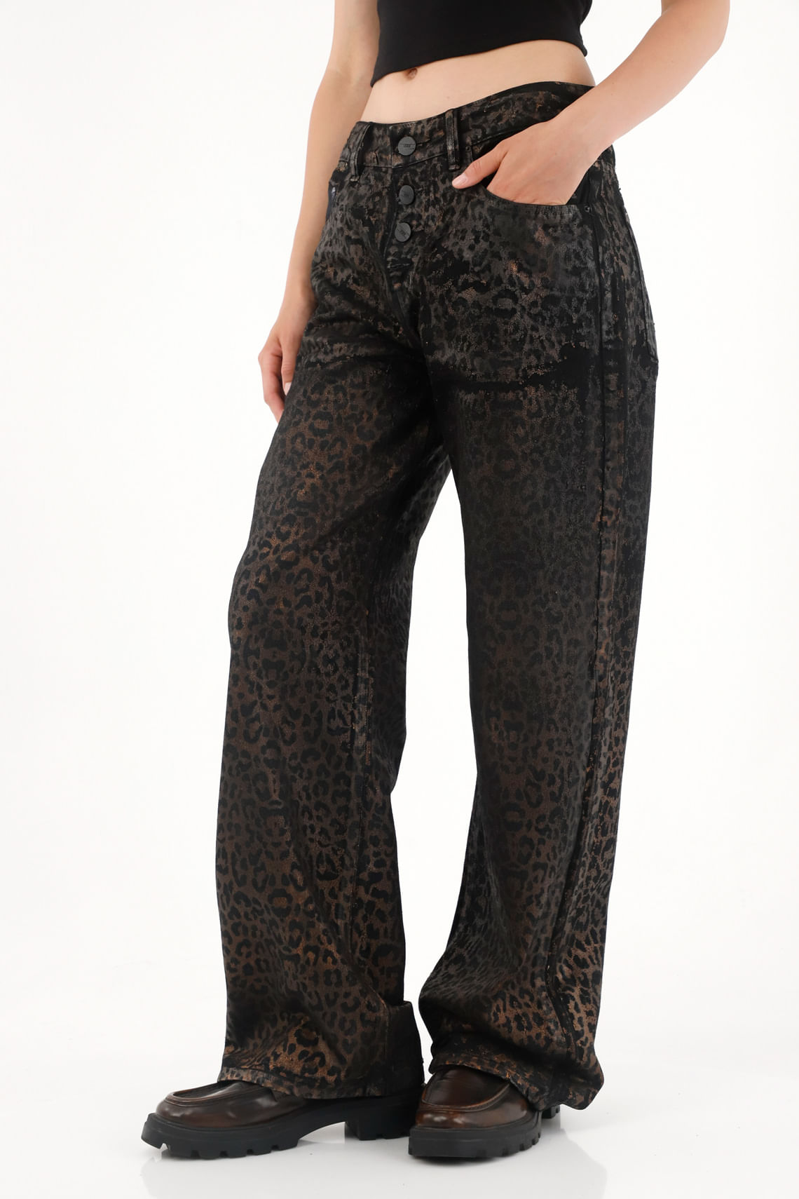 Jean Wide Leg tiro alto con diseño a láser animal print para mujer