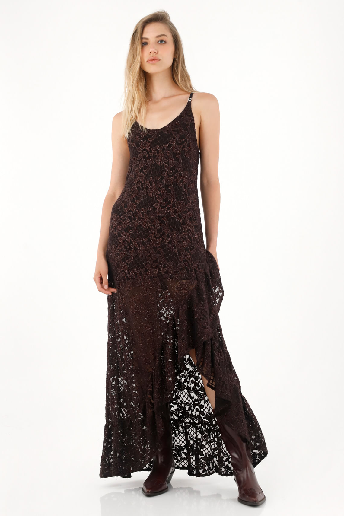 Vestido largo café con boleros para mujer
