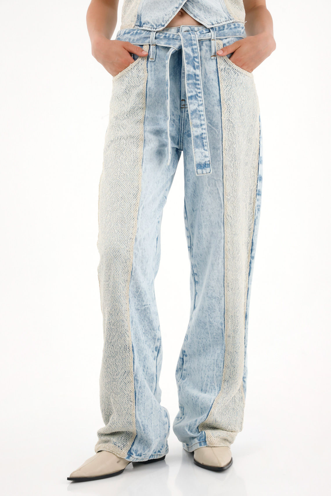 Jean Wide Leg con detalle de malla y brillo para mujer