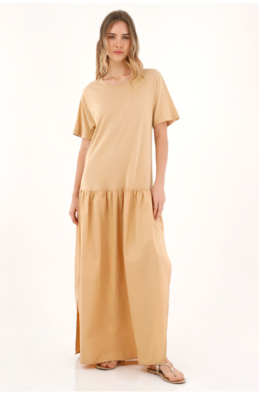 Vestido largo en mix de telas café para mujer