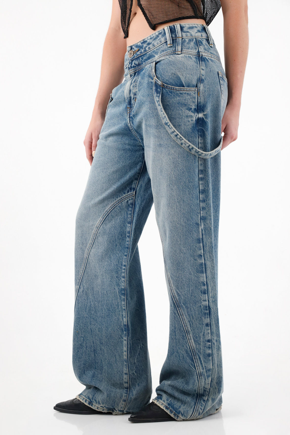 Jean Wide Leg tiro bajo tono medio para mujer