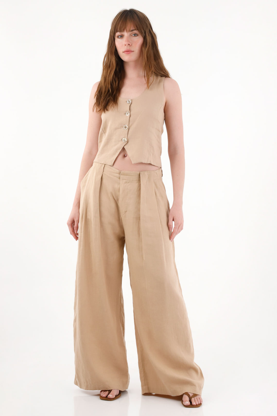 Pantalón Wide Leg en 100% lino con tablas crudo para mujer