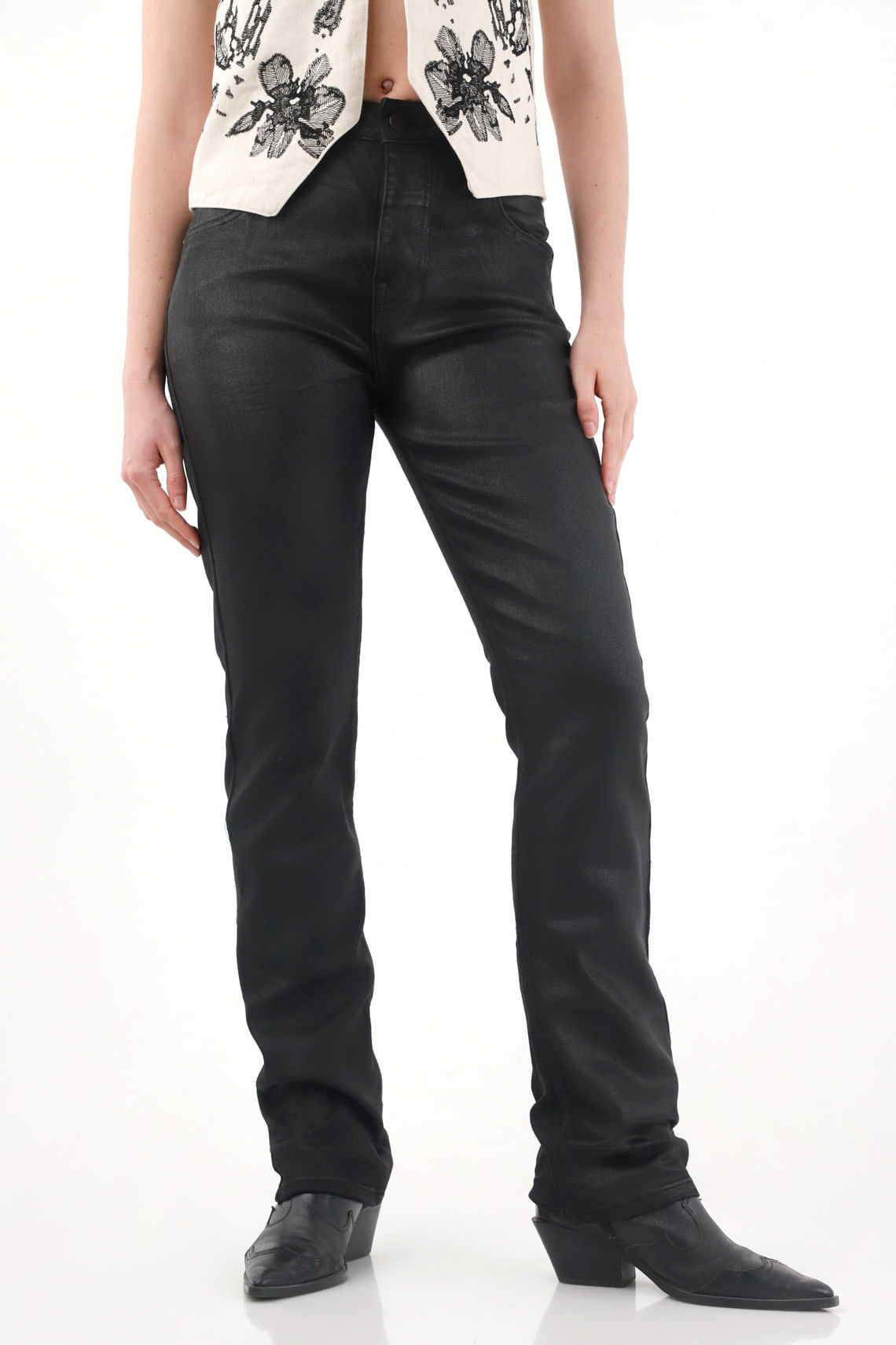 Jean Recto tiro alto negro para mujer