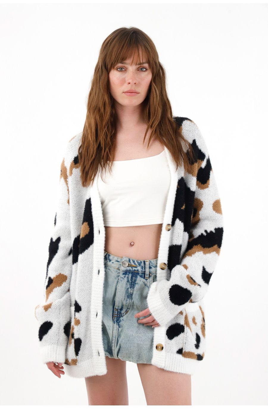 Buzo afelpado oversize de animal print para mujer