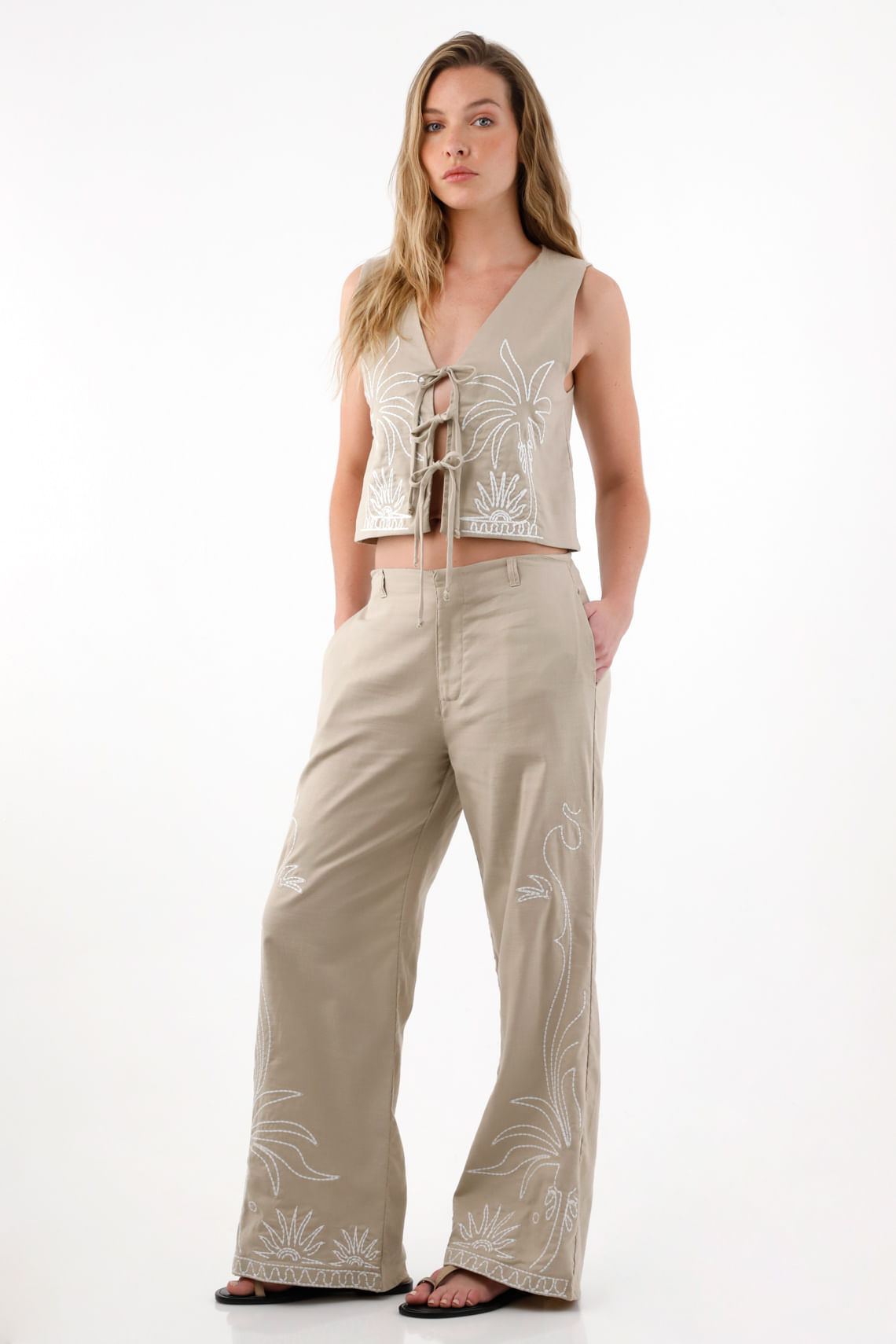 Pantalón Wide Leg bordado crudo para mujer
