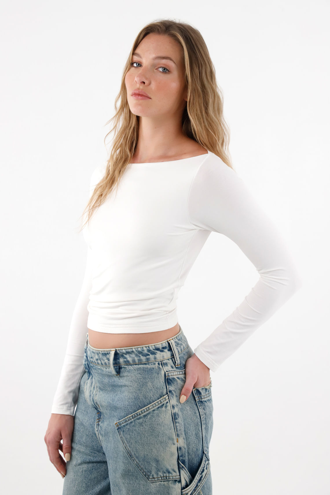 Camiseta manga larga ajustada crudo para mujer