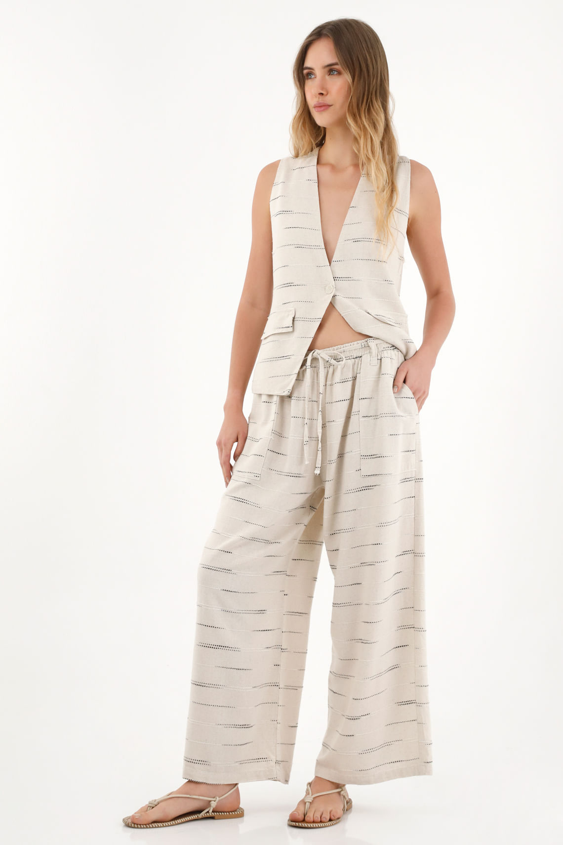 Pantalón Wide Leg con detalles bordados y pretina elástica para mujer