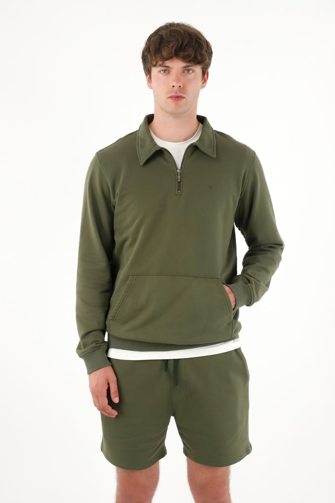 Buzo tipo polo con bolsillo canguro verde para hombre