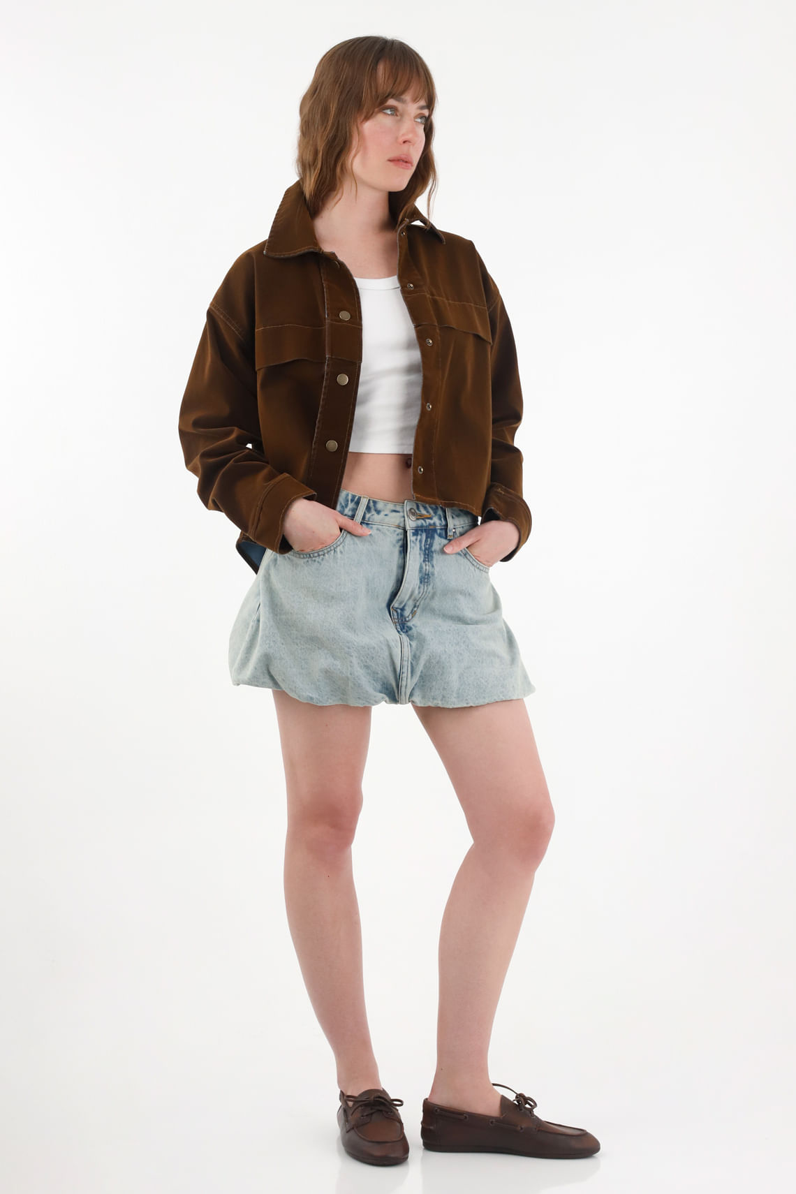 Falda corta en denim tipo globo azul para mujer