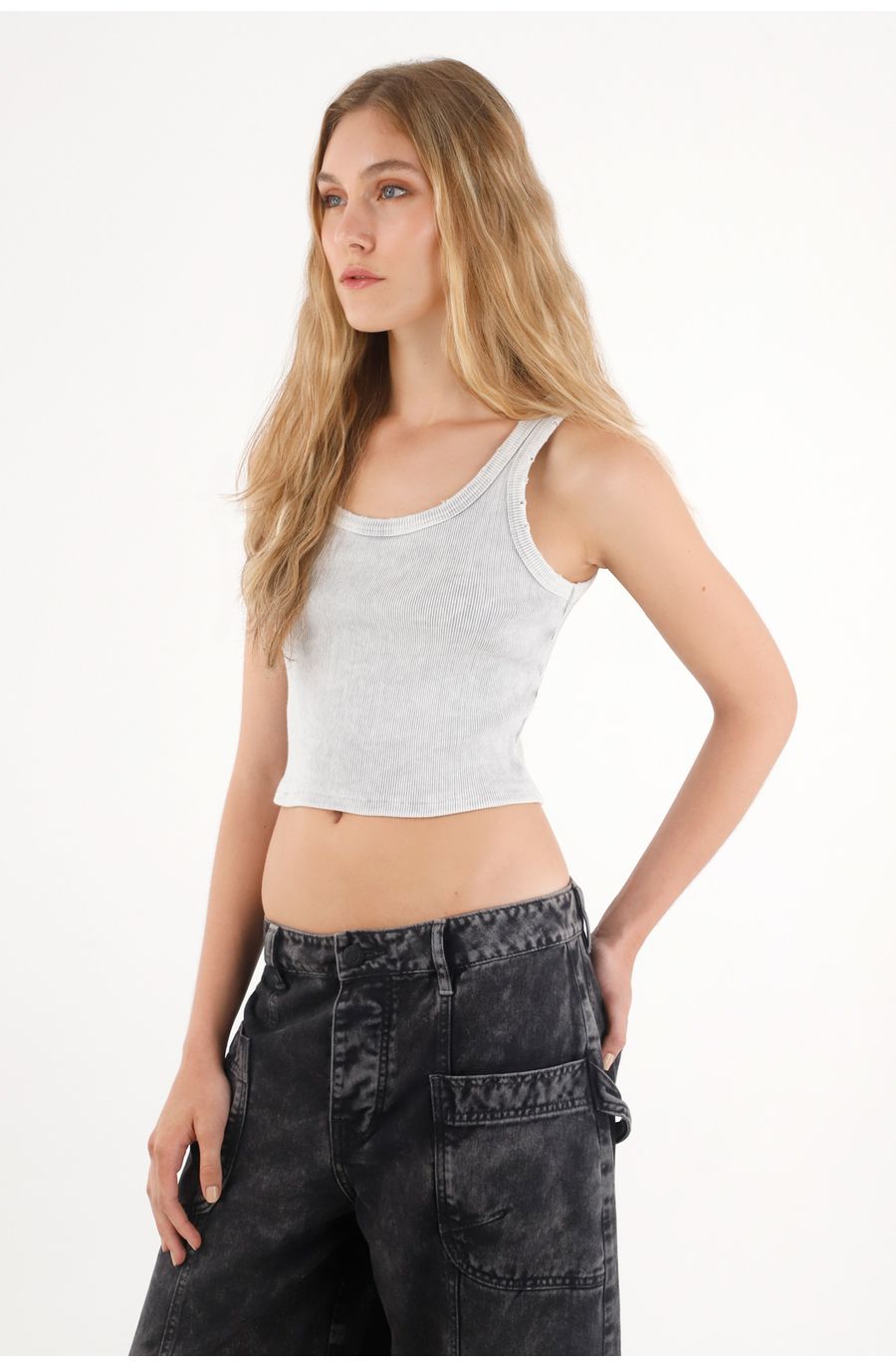 Camiseta tipo esqueleto en rib gris para mujer