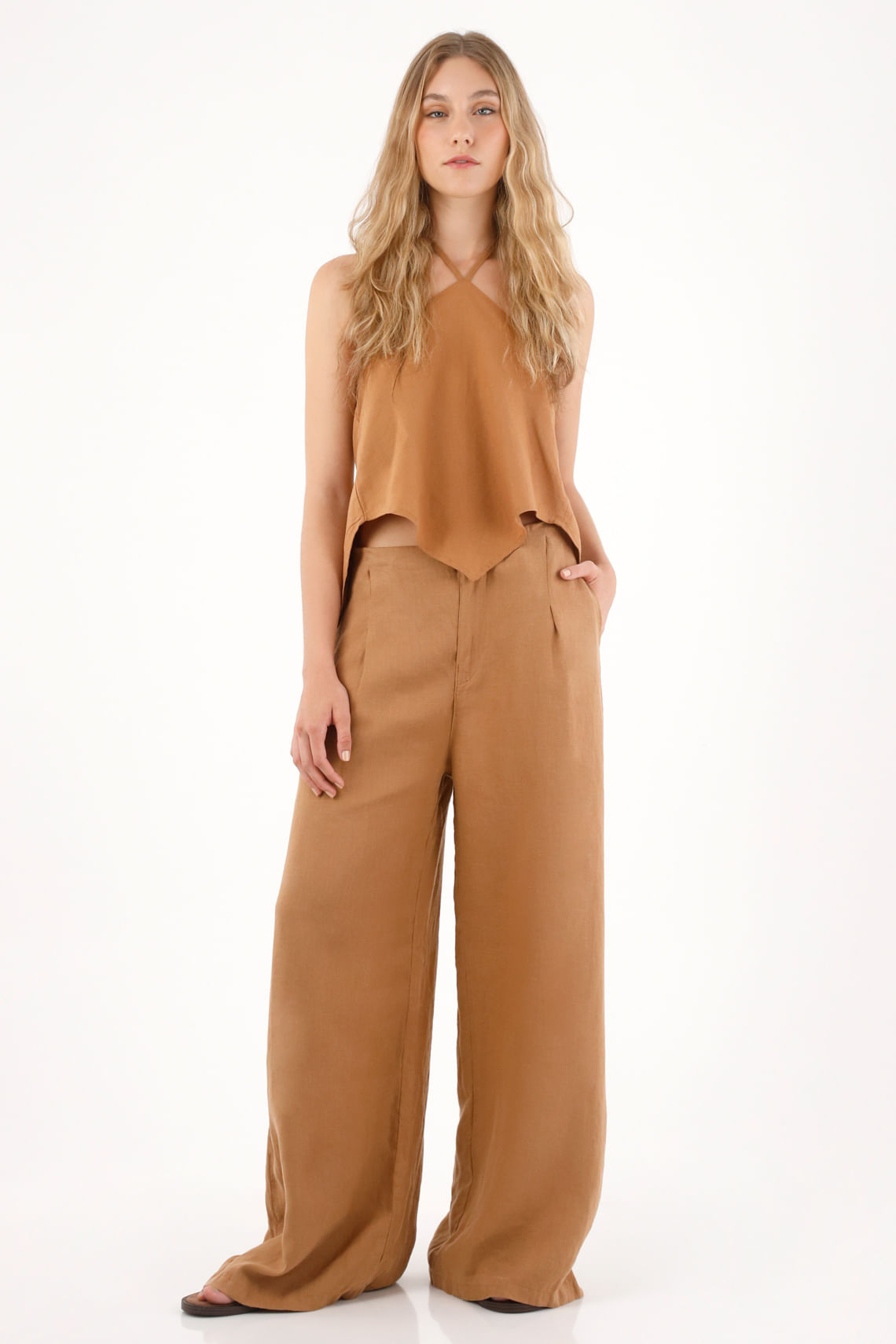 Pantalón Wide Leg en 100% lino café para mujer