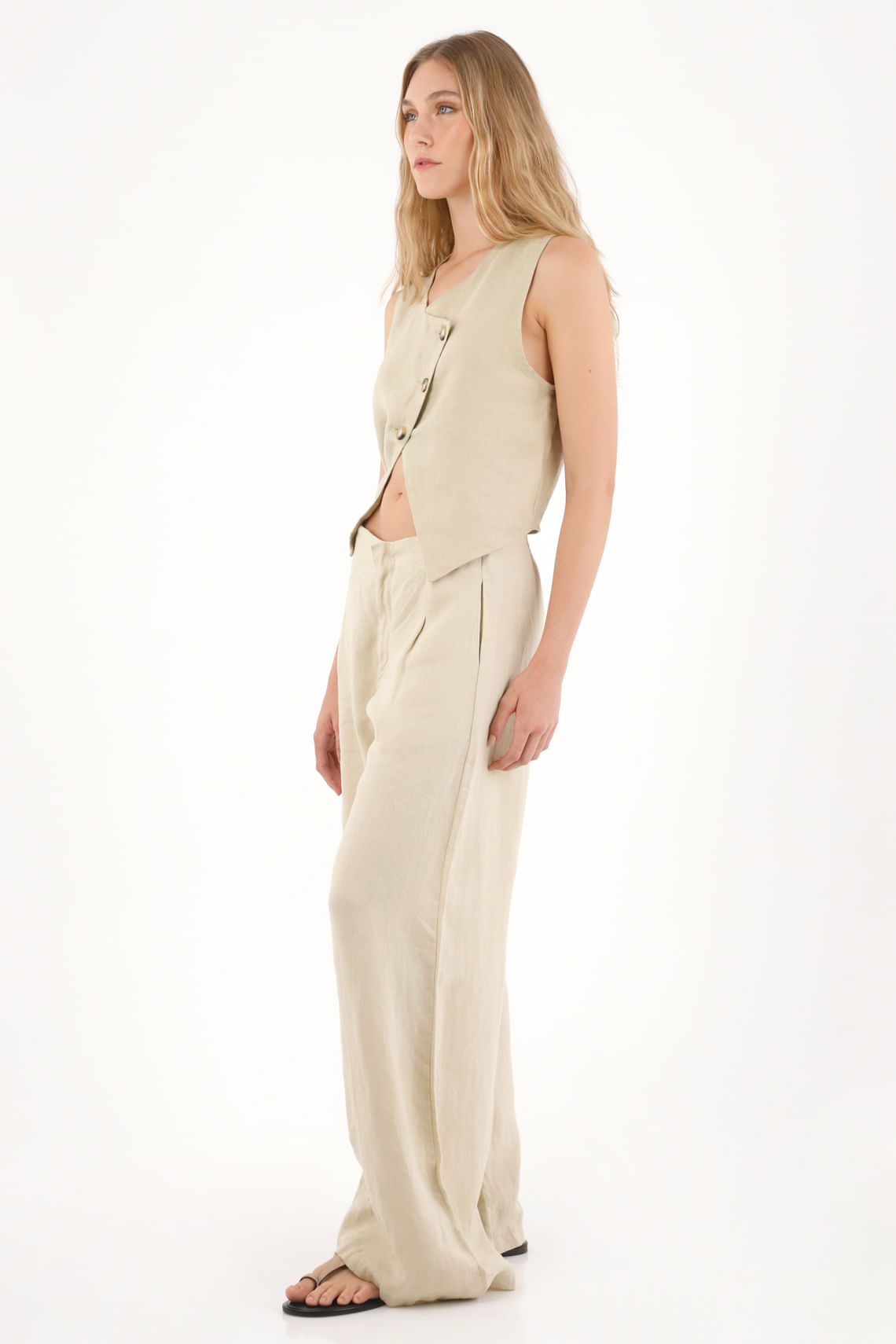 Pantalón Wide Leg en 100% lino café para mujer