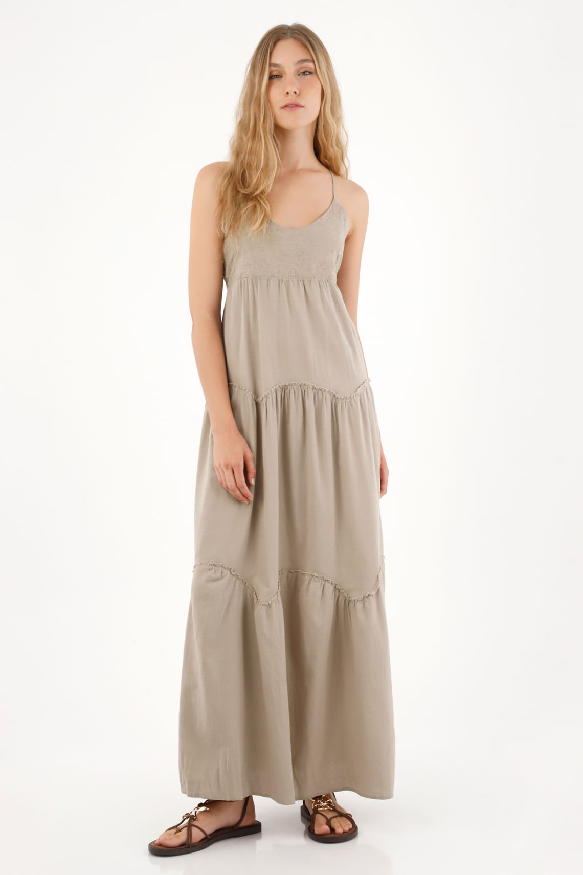 Vestido largo con escote en V café para mujer