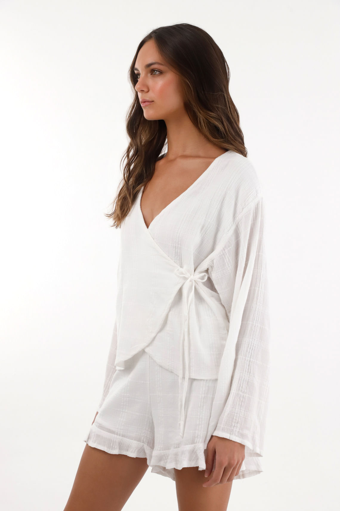 Camisa manga larga acampanada crudo para mujer