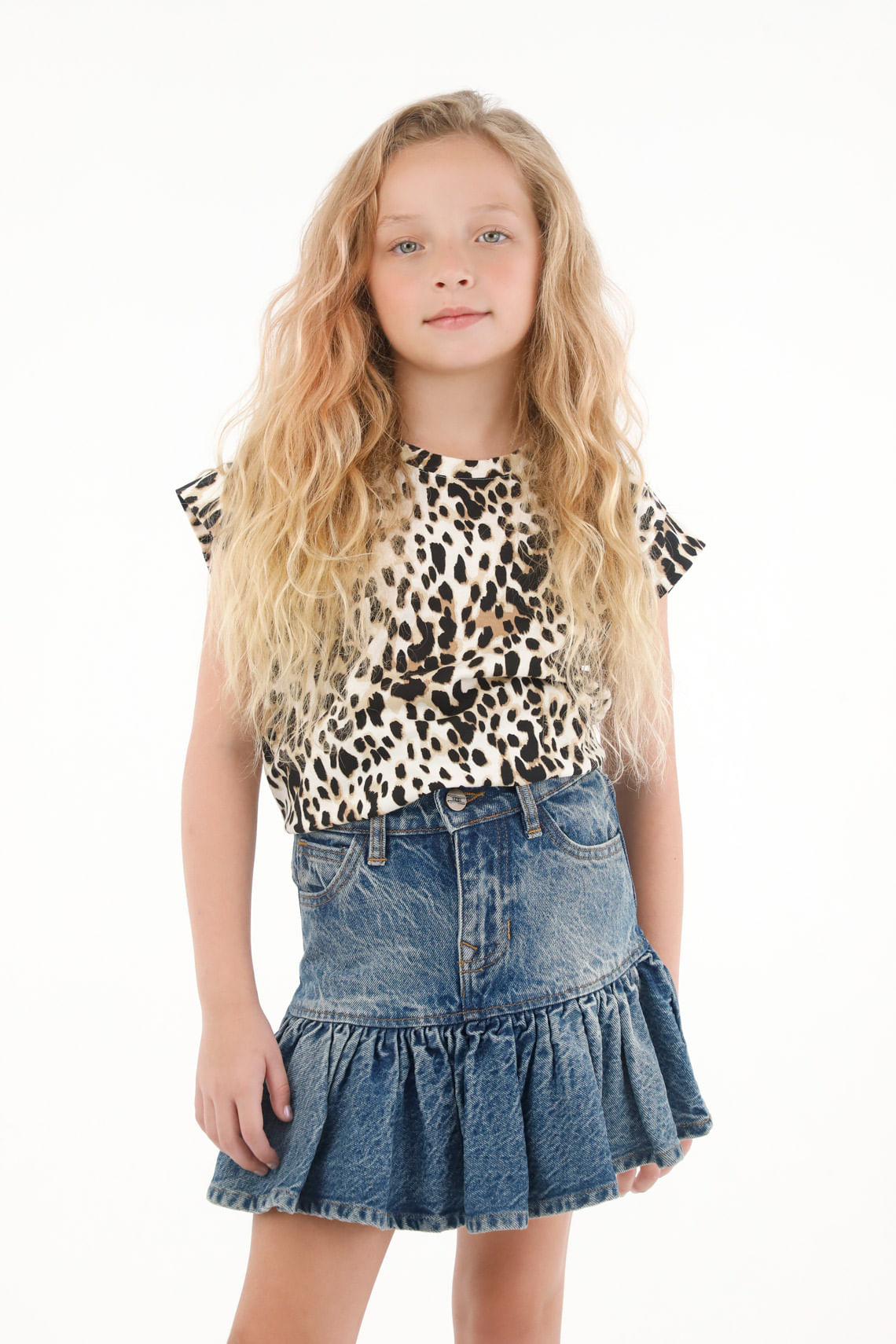 Falda corta en denim con bolero y recogido para niña