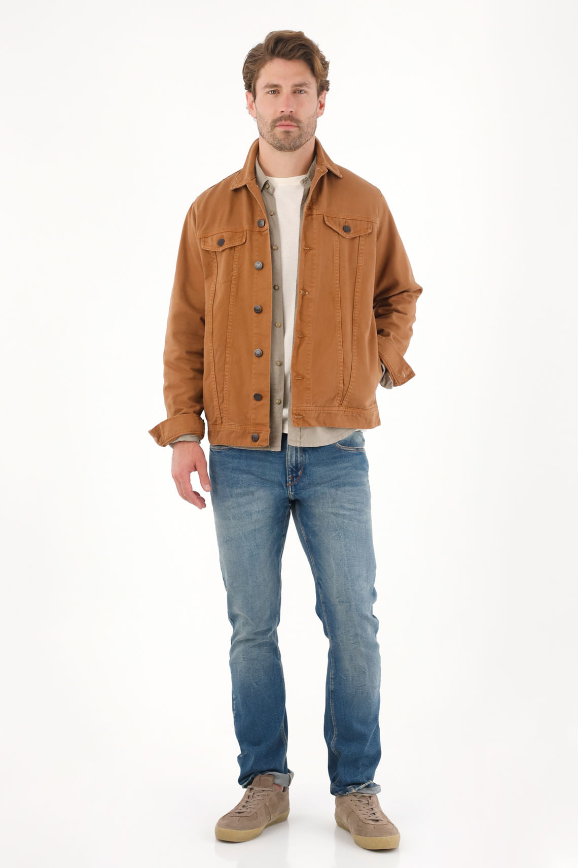 Abrigo tipo Trucker con teñido vintage café para hombre