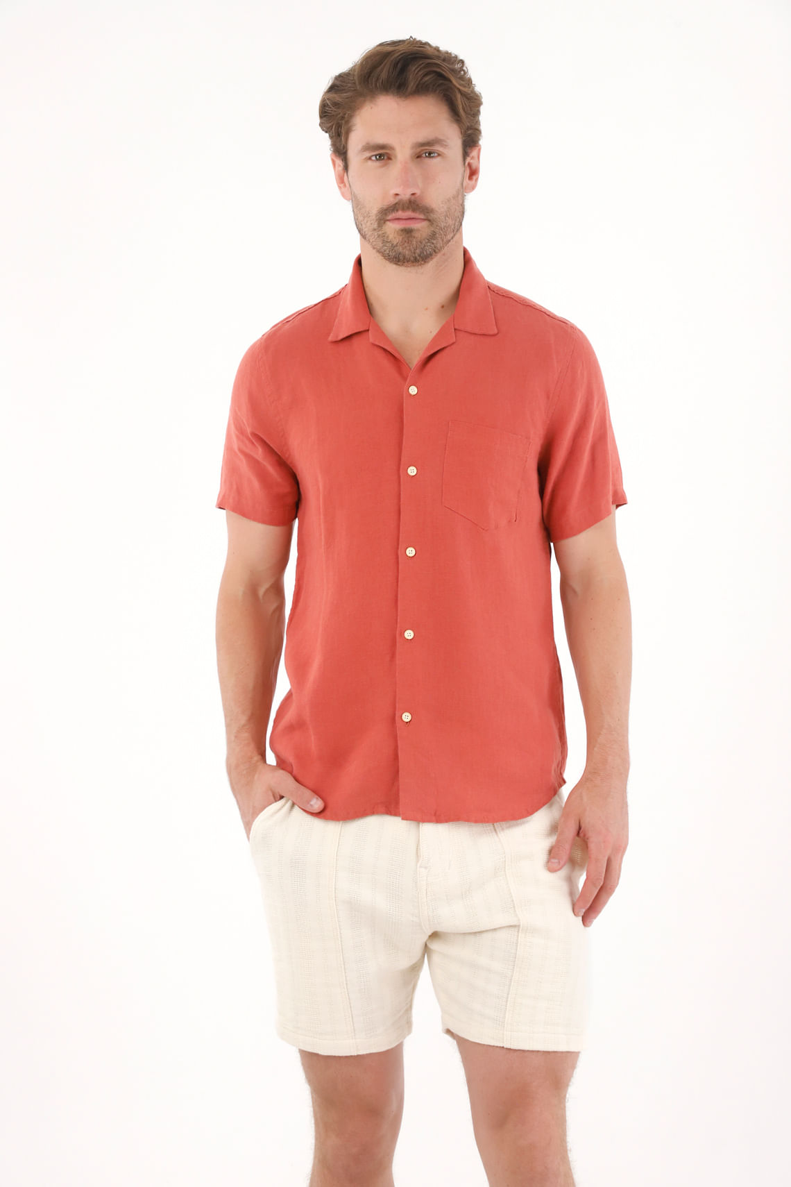 Camisa manga corta en 100% lino naranja para hombre