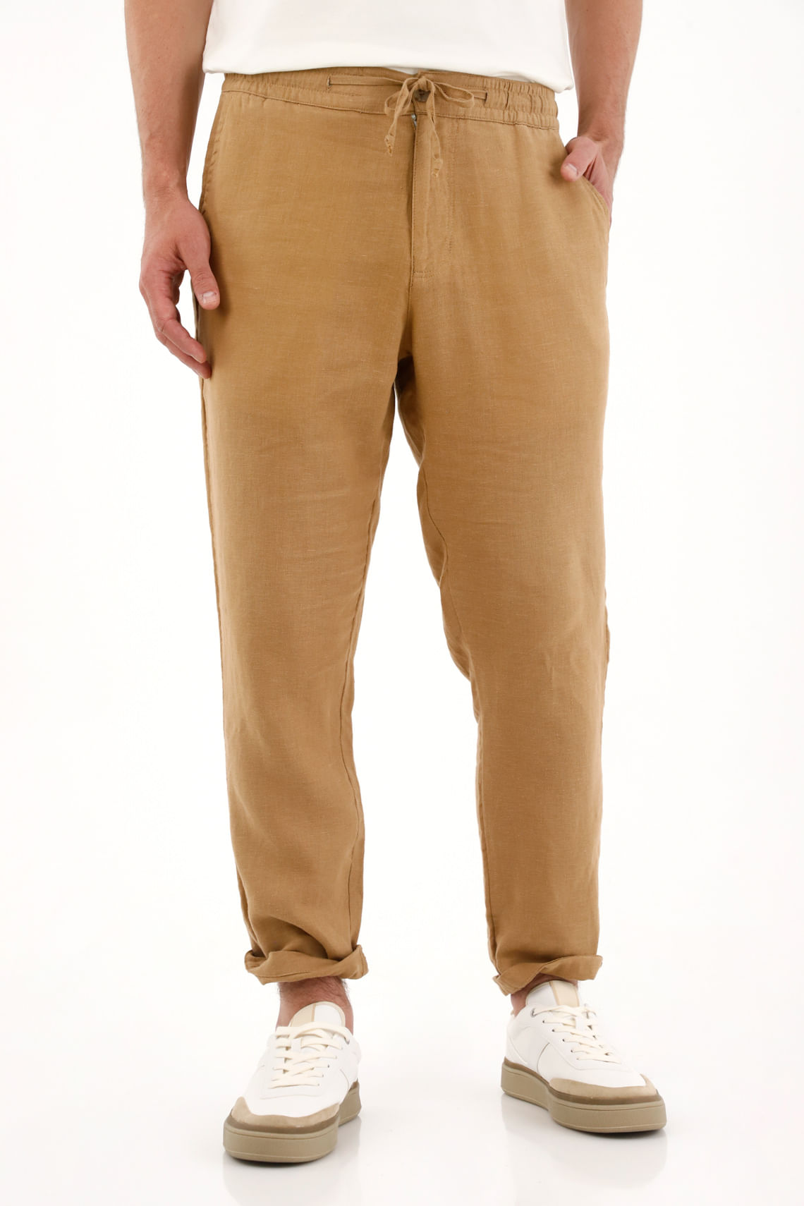 Pantalón chino en 100% lino café para hombre